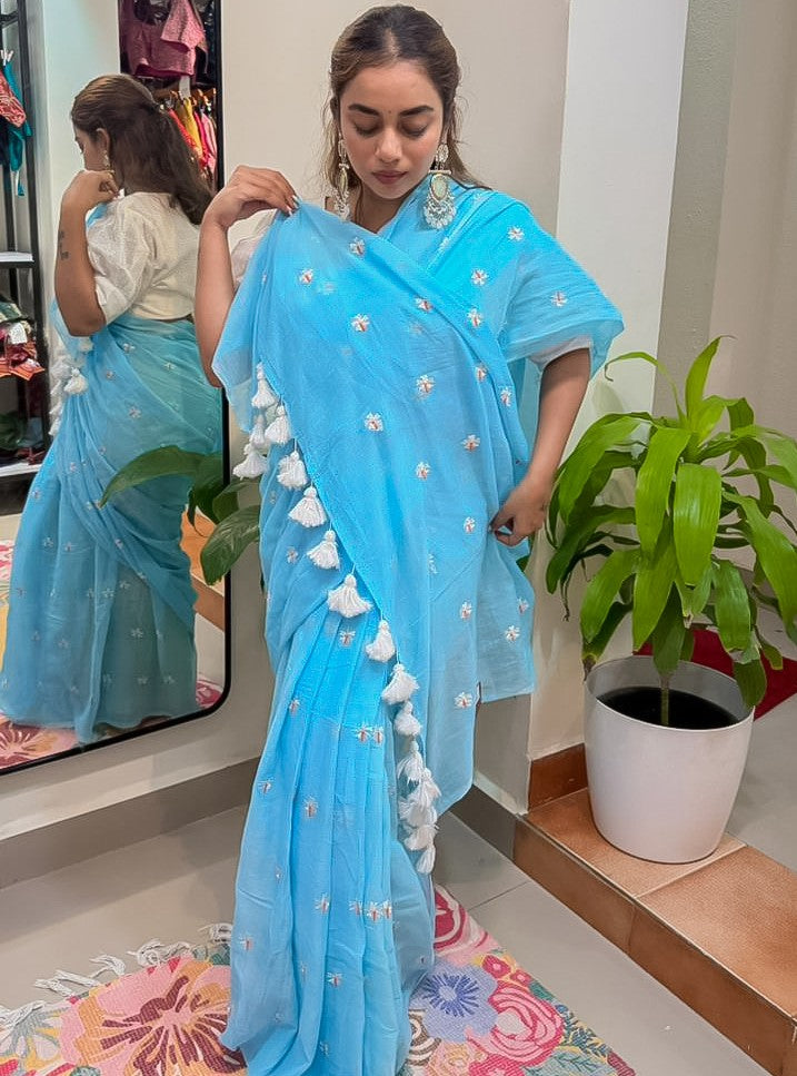 Sky Blue Mul Cotton Saree with Delicate Floral Embroidery & Tassels