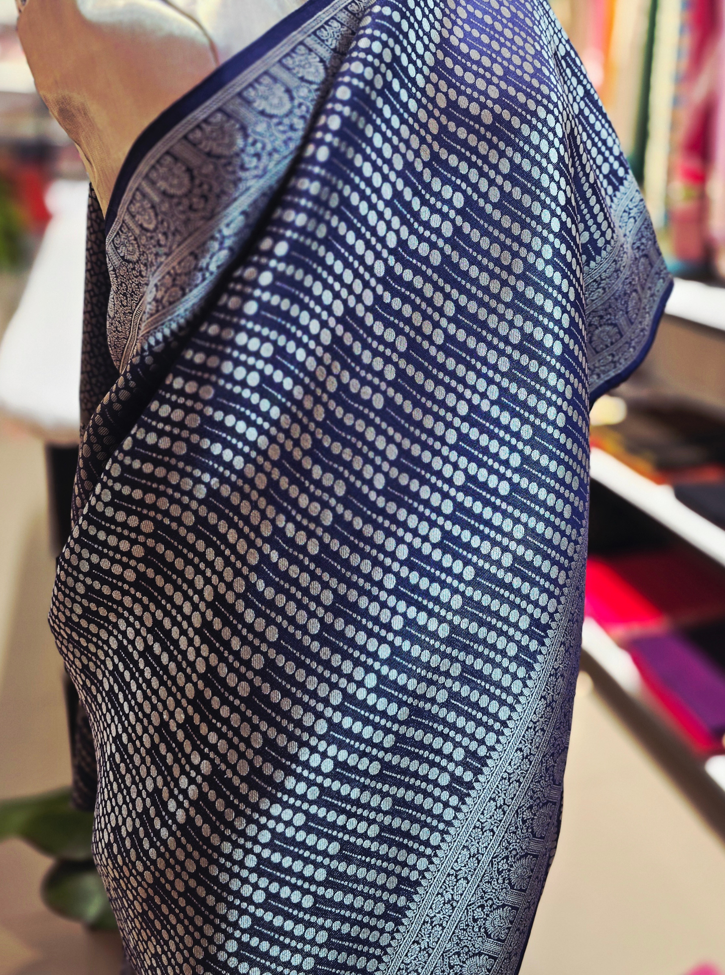 Navy Blue Georgette Tissue Saree with Silver Woven Design