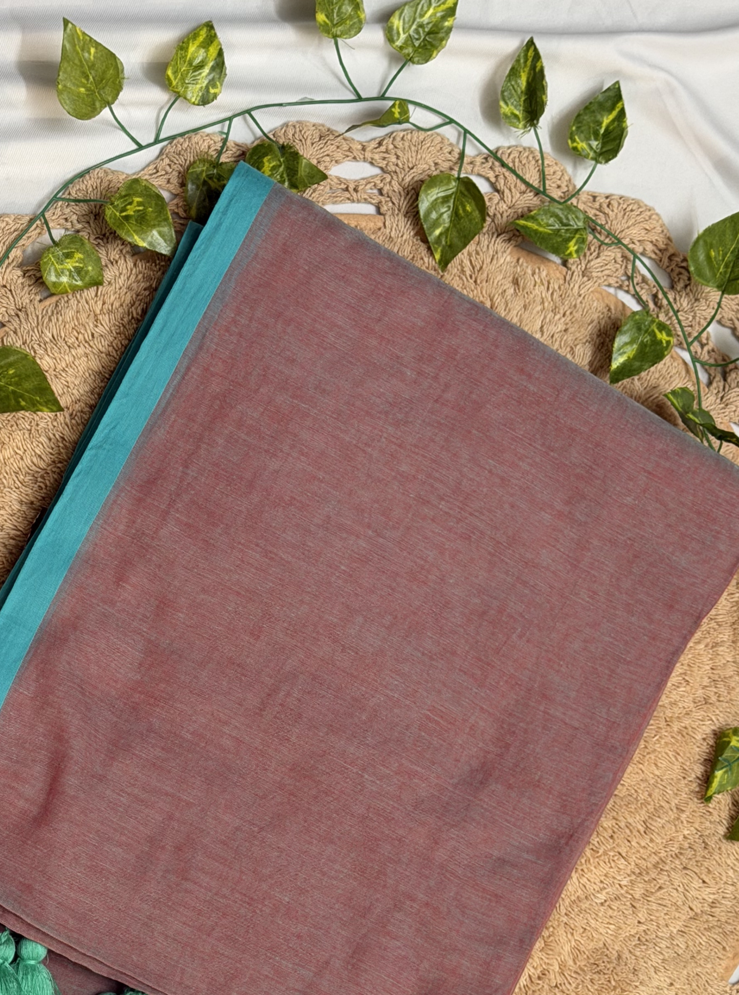 Dusty Rose Mul Cotton Saree with Teal Border & Contrast Tassels