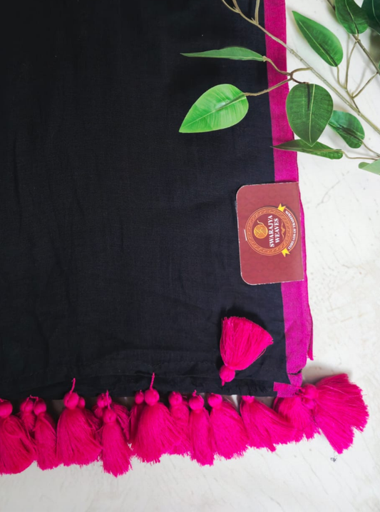 Classic Black Mul Cotton Saree with Hot Pink Tassel Border