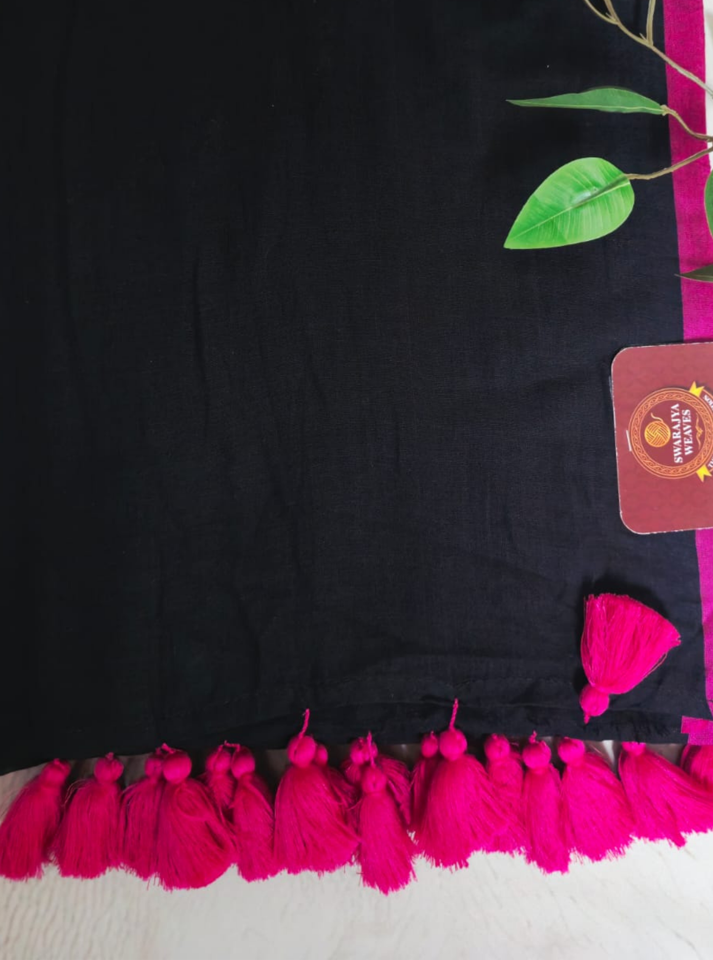 Classic Black Mul Cotton Saree with Hot Pink Tassel Border