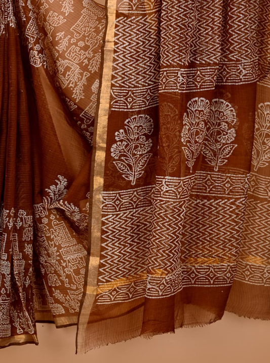 Classic Kota Doria Saree in Rustic Brown with Handblock Tribal Motifs