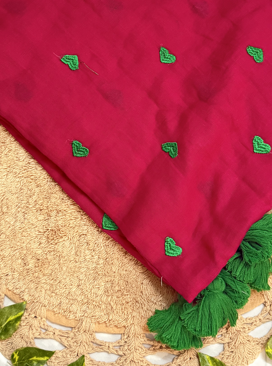Ruby Red Mul Cotton Saree with Dark Green Heart Motifs & Tassels