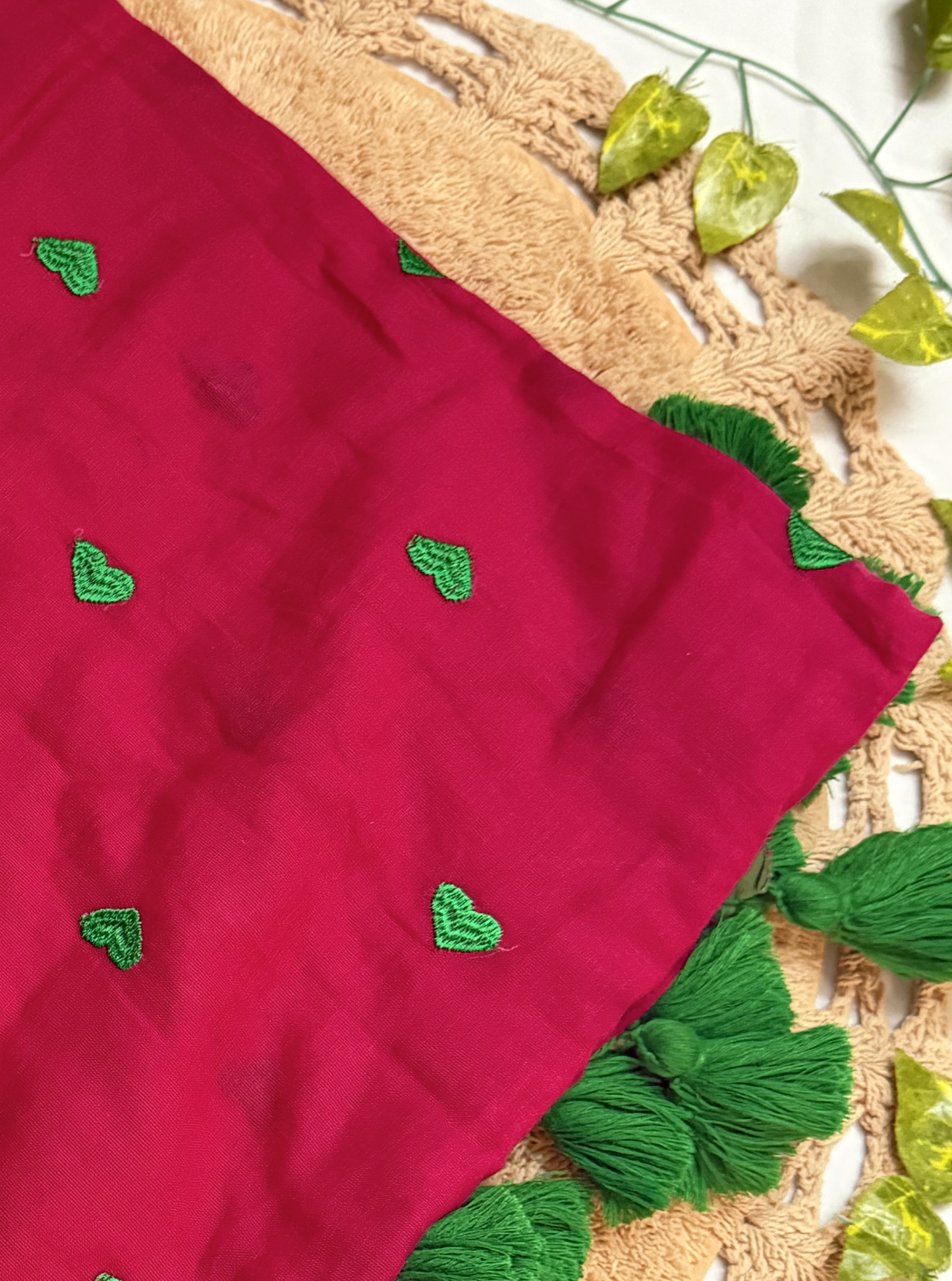 Ruby Red Mul Cotton Saree with Dark Green Heart Motifs & Tassels