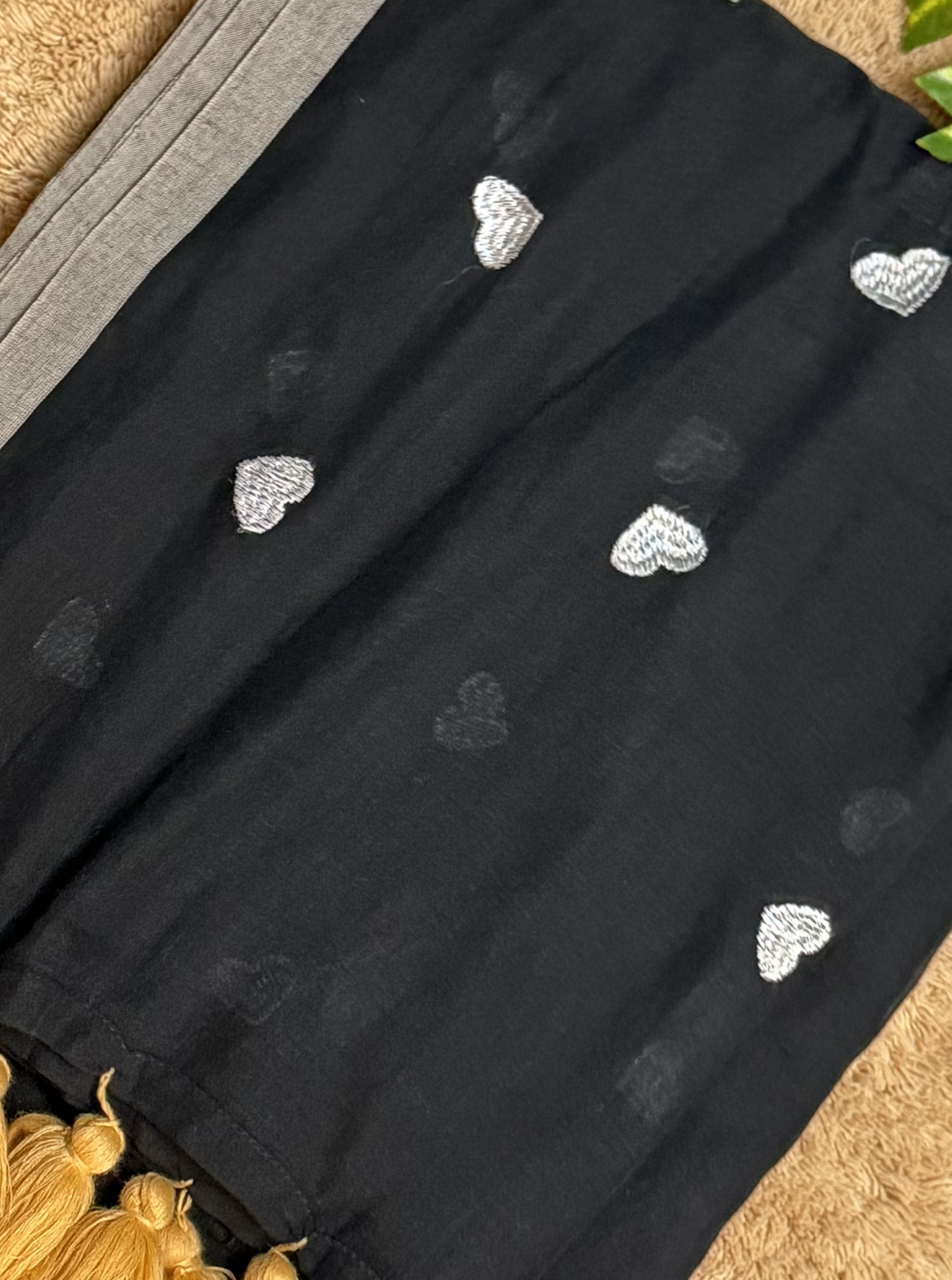 Black Mul Cotton Saree with Heart Motifs, Silver Border & Contrast Tassels