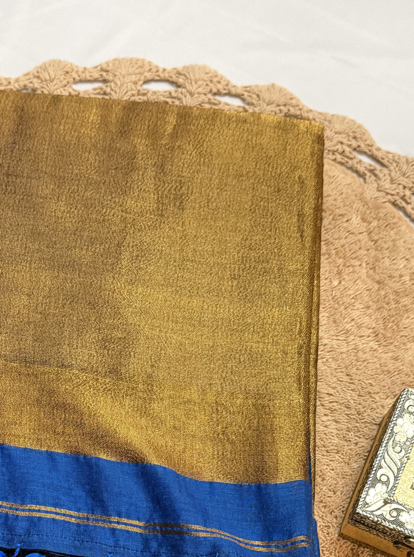 Royal Gold Mul Cotton Saree with Tissue Pallu & Blue Tassels