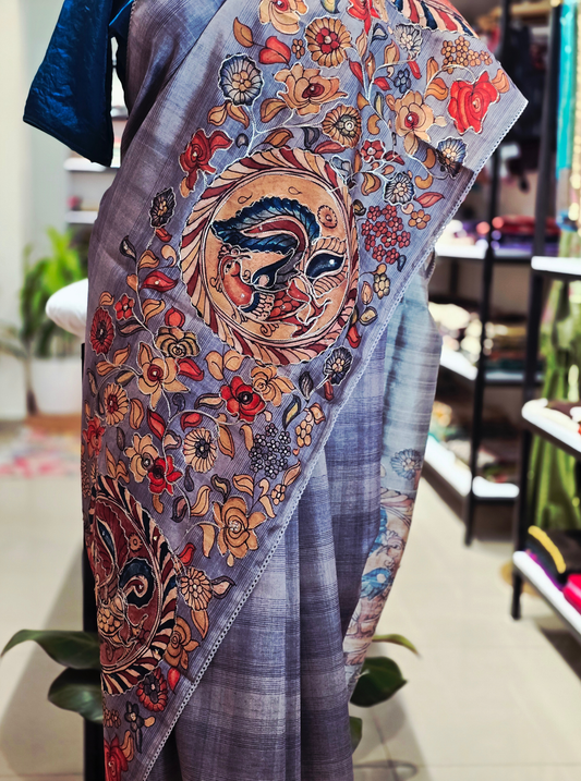 Grey Tussar Silk Saree with Kalamkari-Inspired Artistic Print