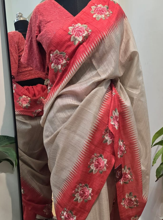 Beige Tussar Saree with Coral Red Border & Floral Embroidery