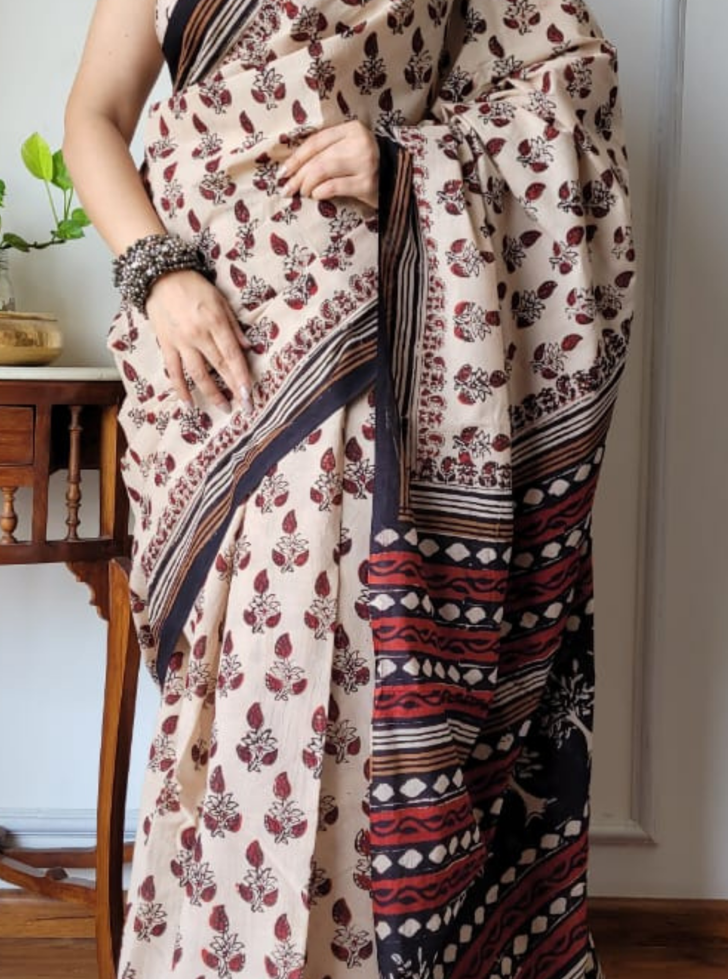 Elegant Beige Cotton Ajrakh Saree with Contrast Ethnic Pallu