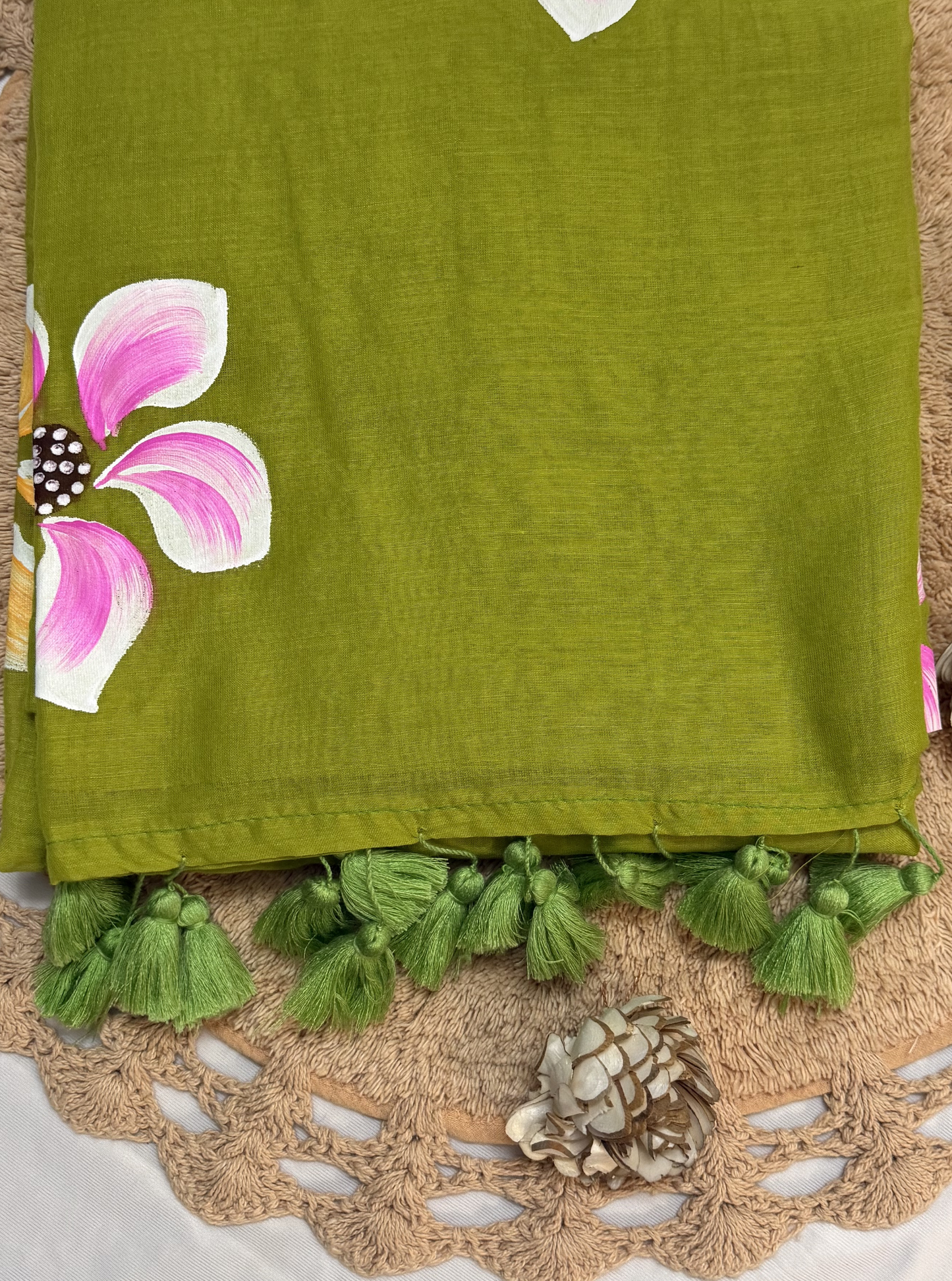 Elegant Olive Green Hand-Painted Mul Cotton Saree with Pink Floral Design & Tassels
