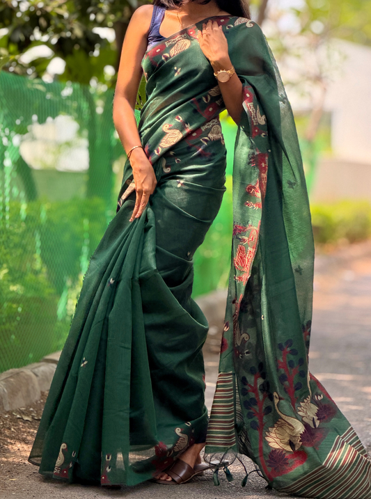 Elegant Forest Green Cotton Designer Saree with Artistic Border