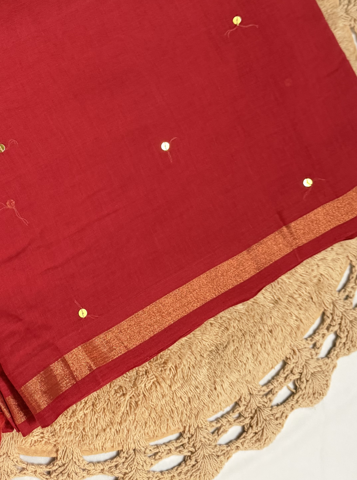 Classic Red Mul Cotton Saree with Gold Accents & Tassels