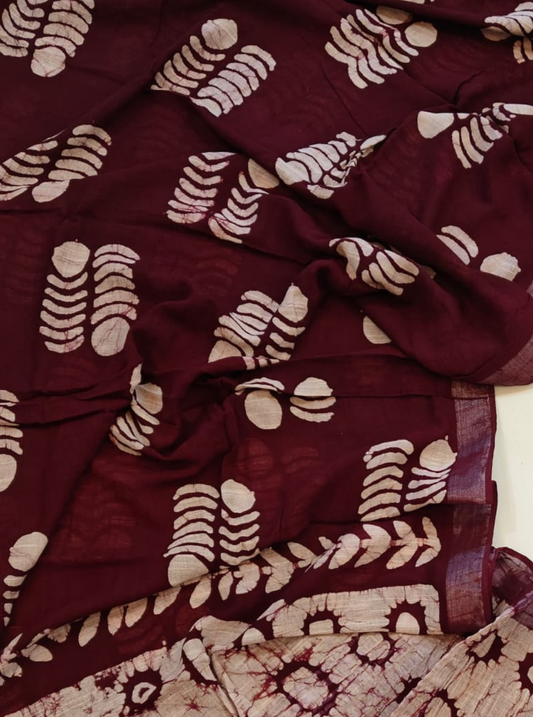 Maroon Cotton Linen Saree with Batik-Inspired Handcrafted Design