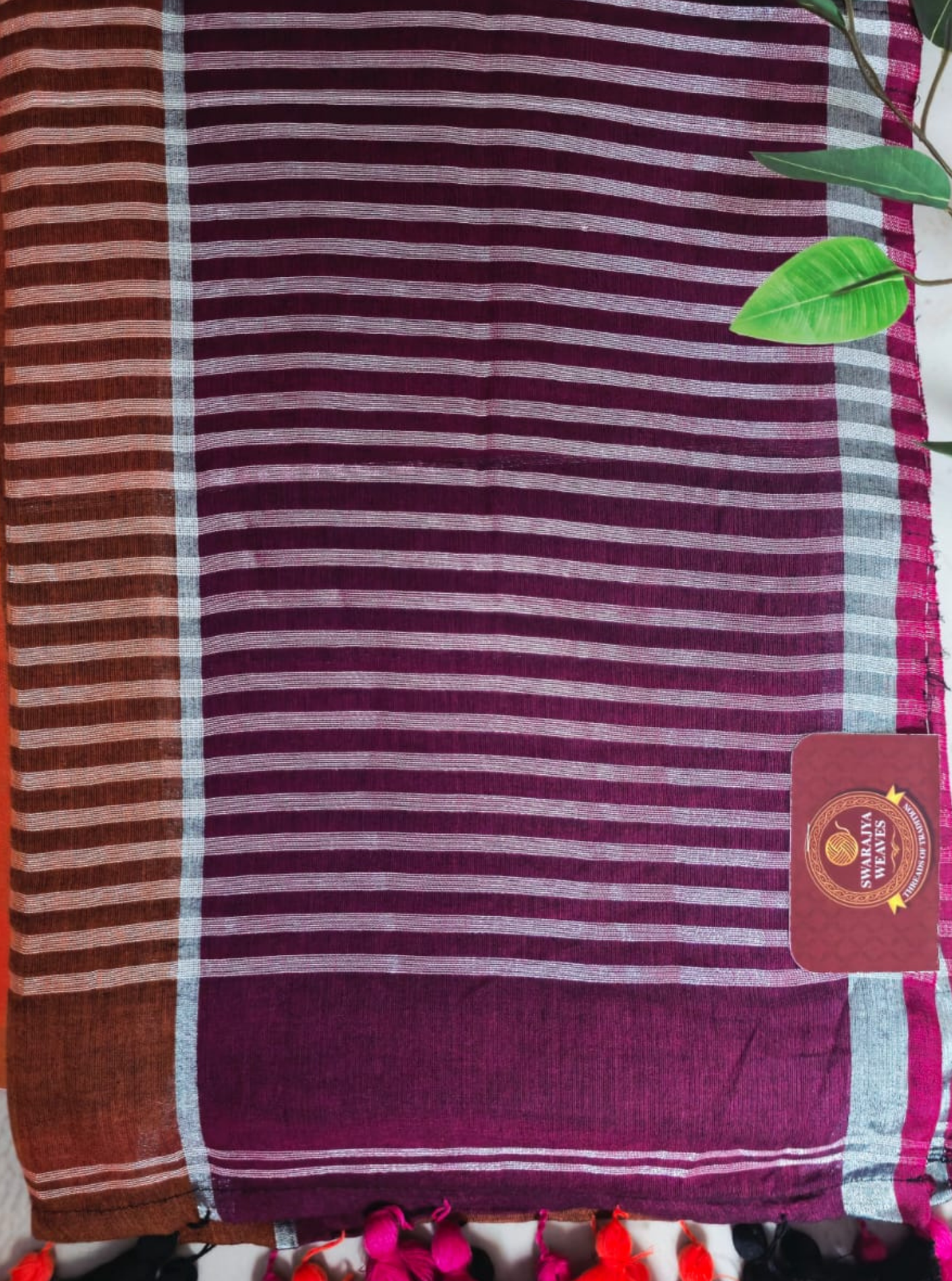 Wine Striped Mul Cotton Saree with Multicolor Tassel Border