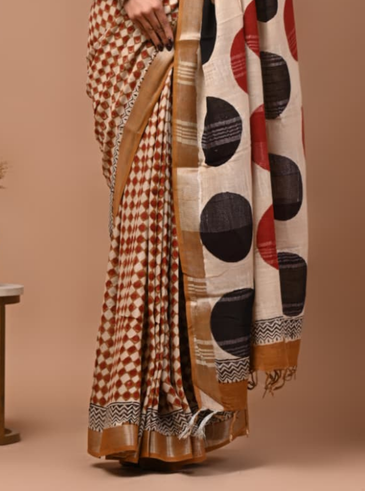 Beige Linen Cotton Saree with Geometric Print