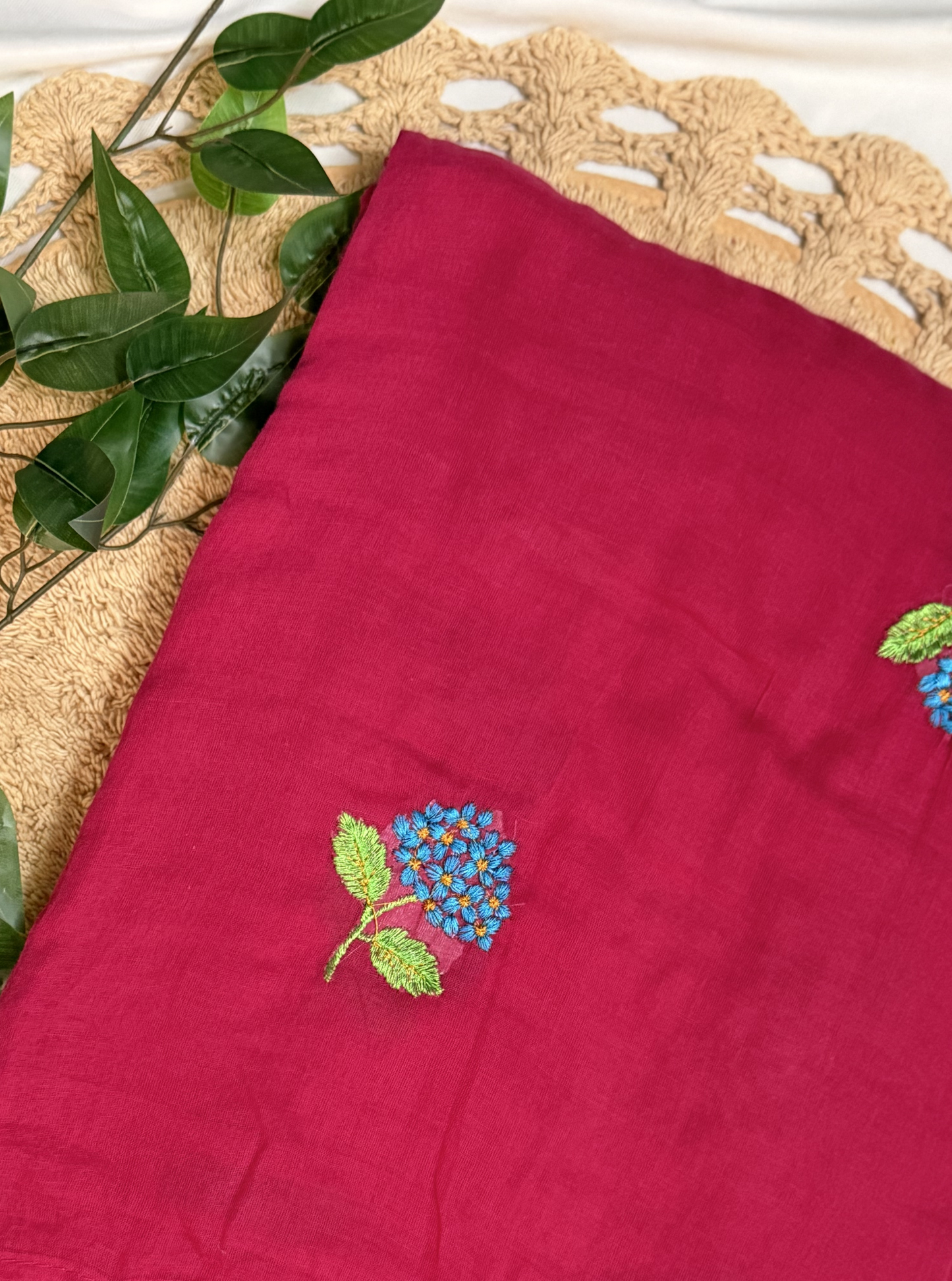 Pink Mul Cotton Saree with Floral Embroidery & Contrast Tassels