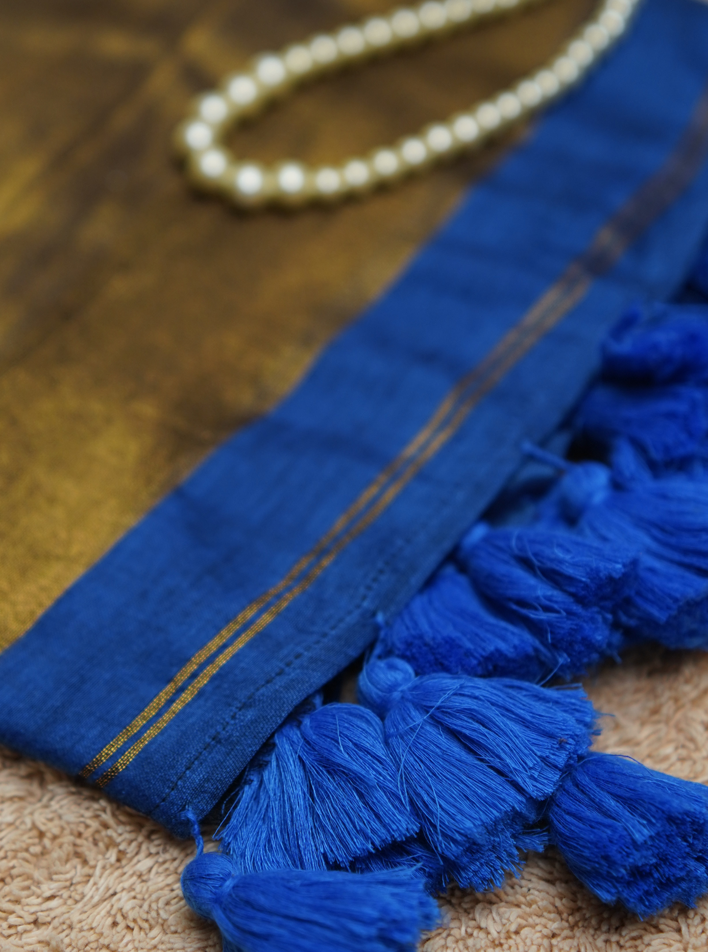 Royal Blue Mul Cotton Saree with Rich Gold Pallu & Tassels