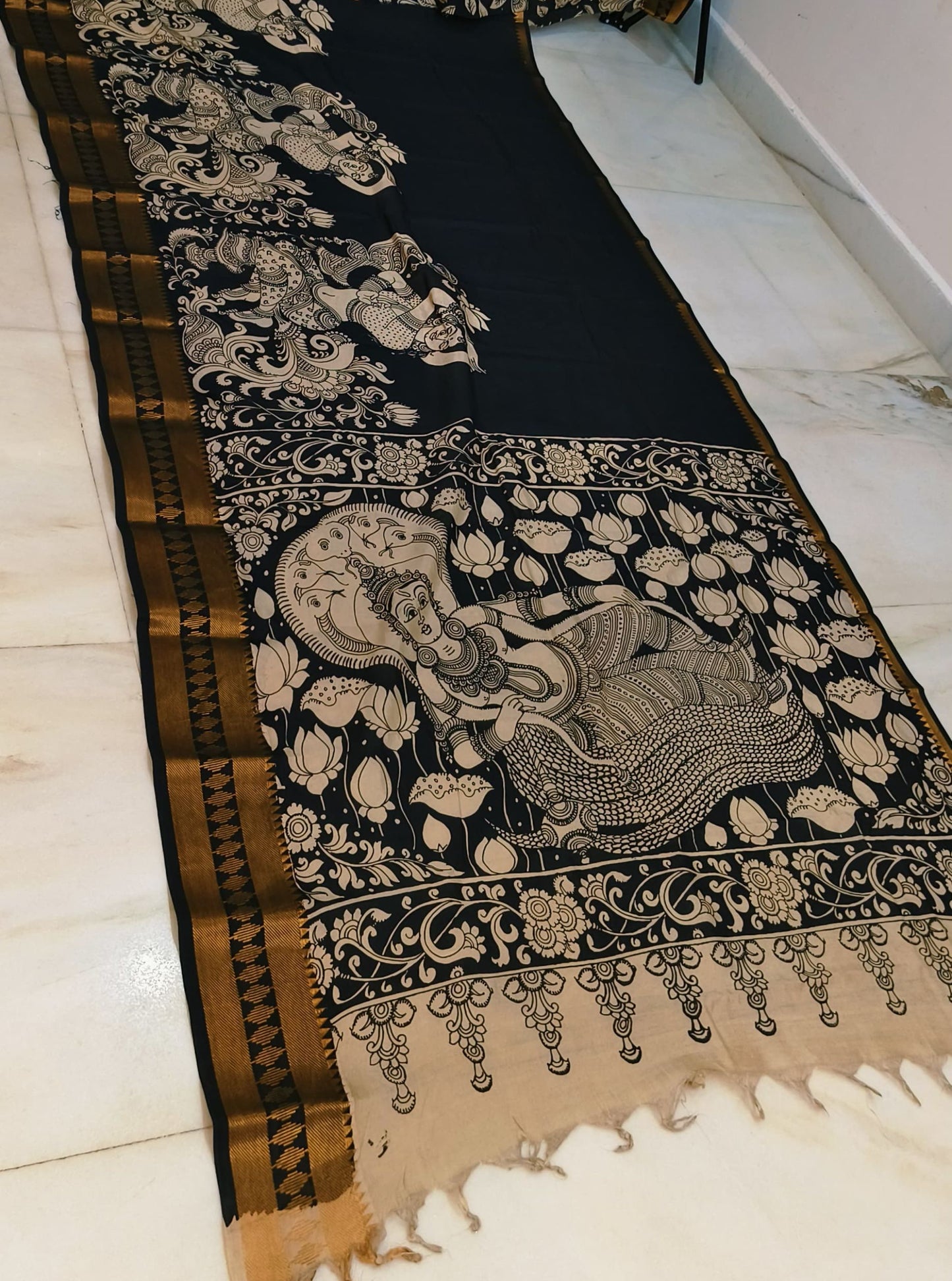 Handcrafted Pen Kalamkari Black Silk Saree with Mythological Motifs