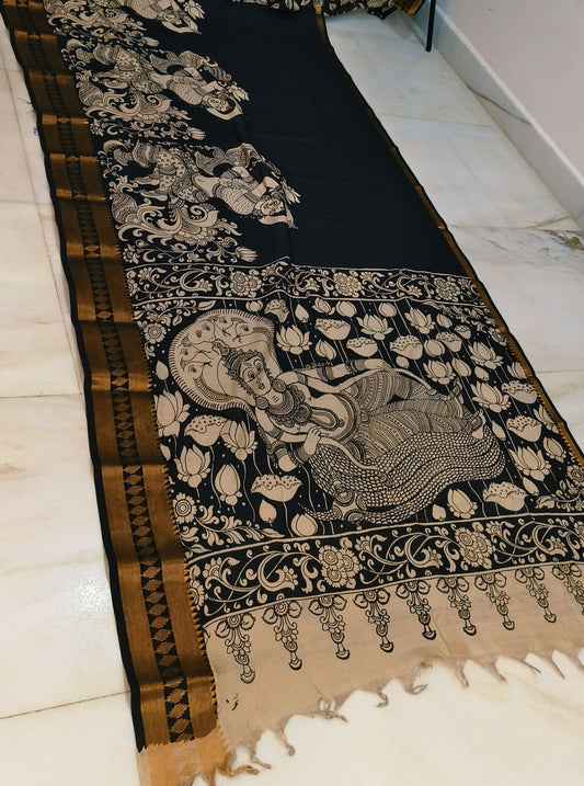 Handcrafted Pen Kalamkari Black Silk Saree with Mythological Motifs