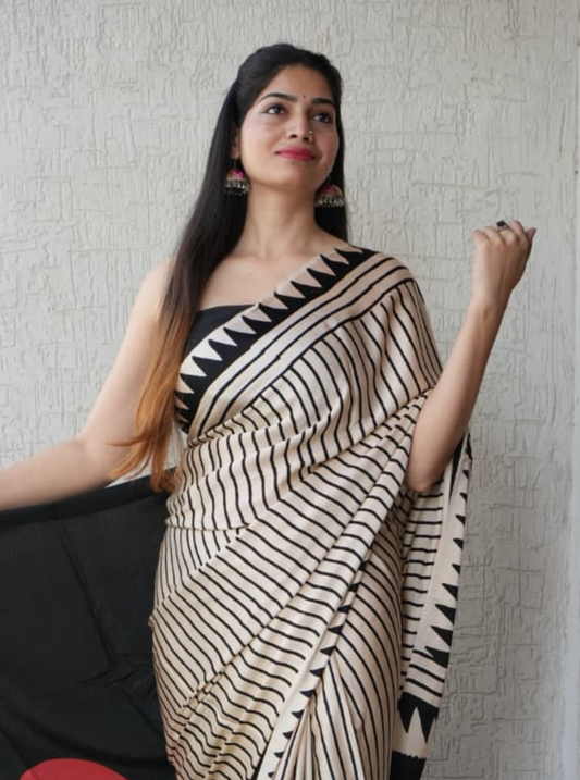 Ivory Stripes & Crimson Moon Modal Silk Hand-Blocked Ajrakh Saree