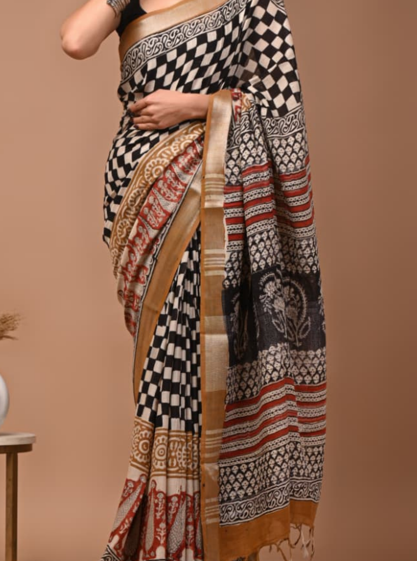 Black & Beige Linen Cotton Saree with Kalamkari Print