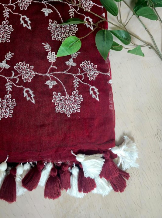 Maroon Mul Cotton Saree with Floral Embroidery & Dual Tassels