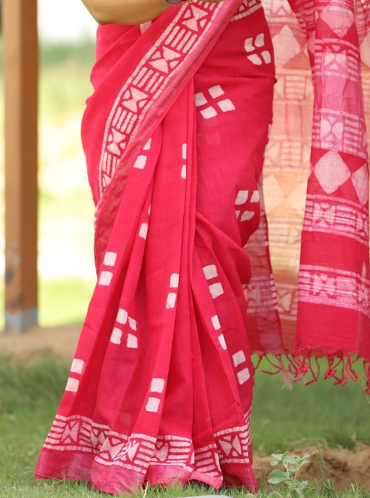 Red Linen Cotton Saree with Traditional Weave