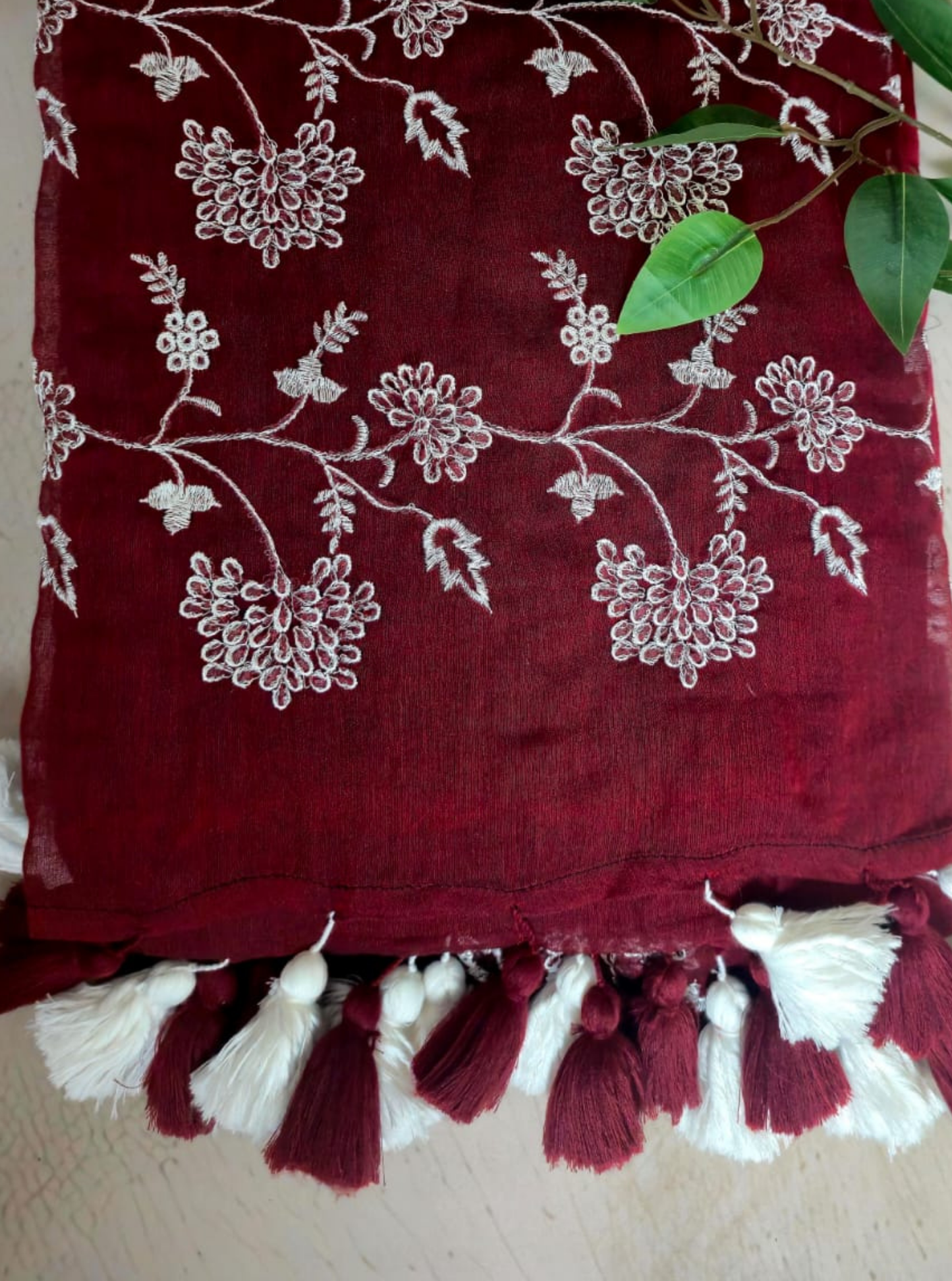 Maroon Mul Cotton Saree with Floral Embroidery & Dual Tassels