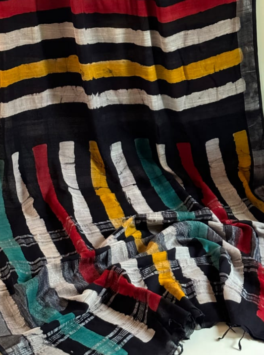 Black Multicolor Striped Cotton Linen Saree