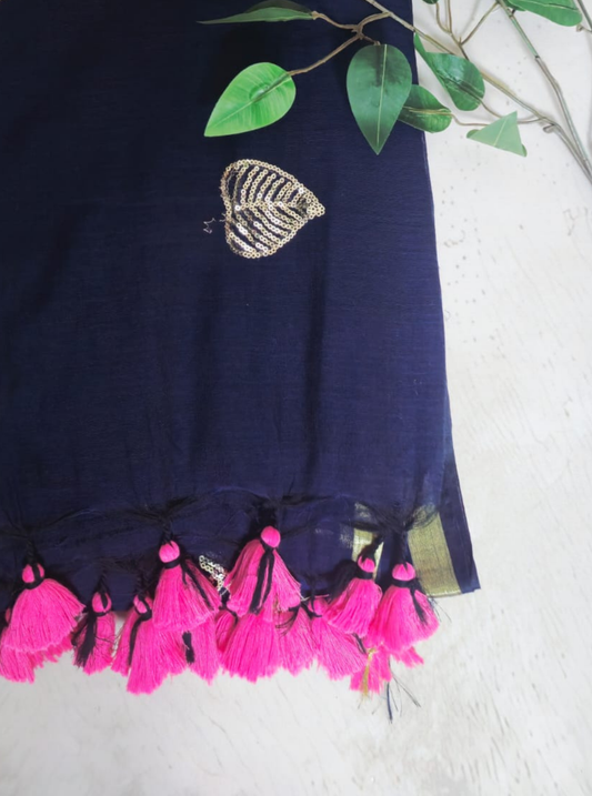 Navy Blue Mul Cotton Saree with Gold Motifs & Pink Tassels