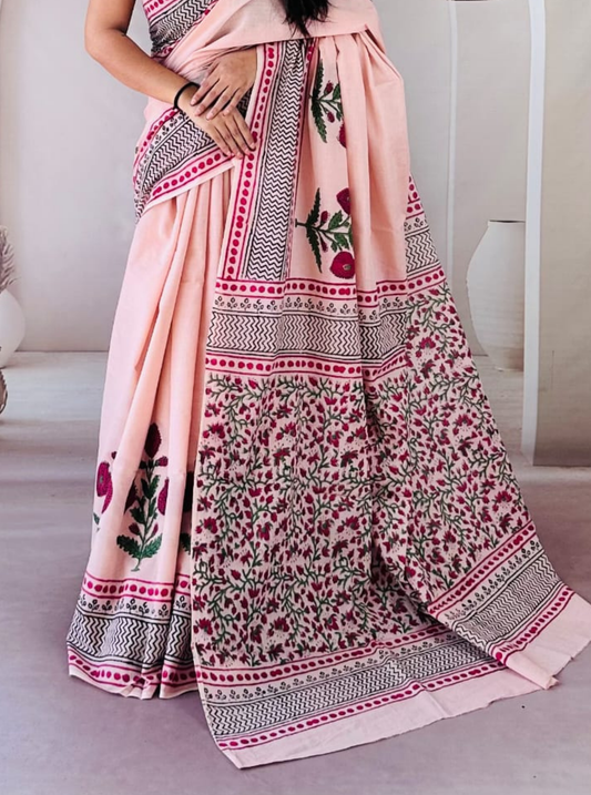 Peach Cotton Jaipur Bagru Print Saree