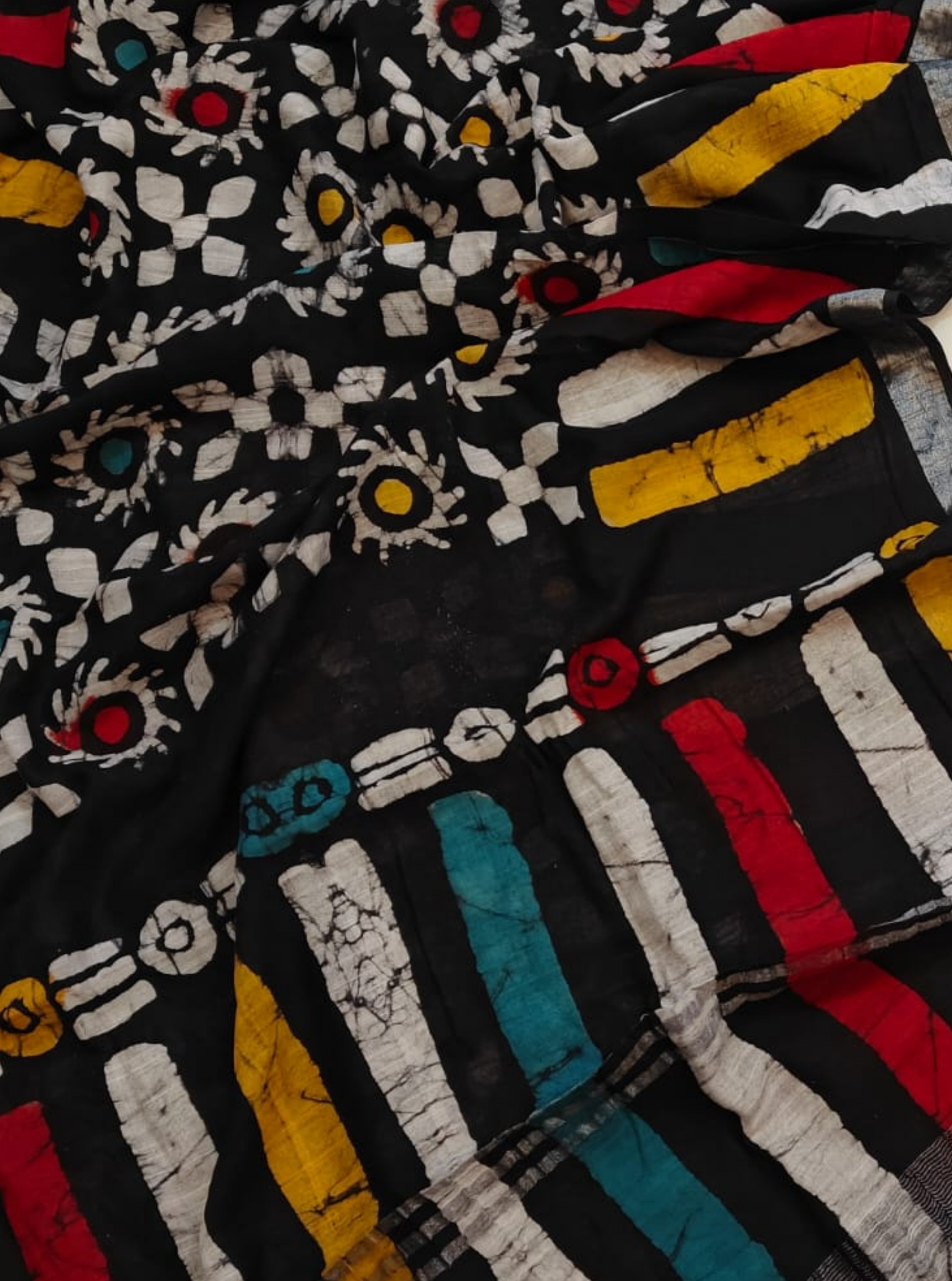 Black Cotton Linen Saree with Multicolor Batik Stripes & Floral Motifs