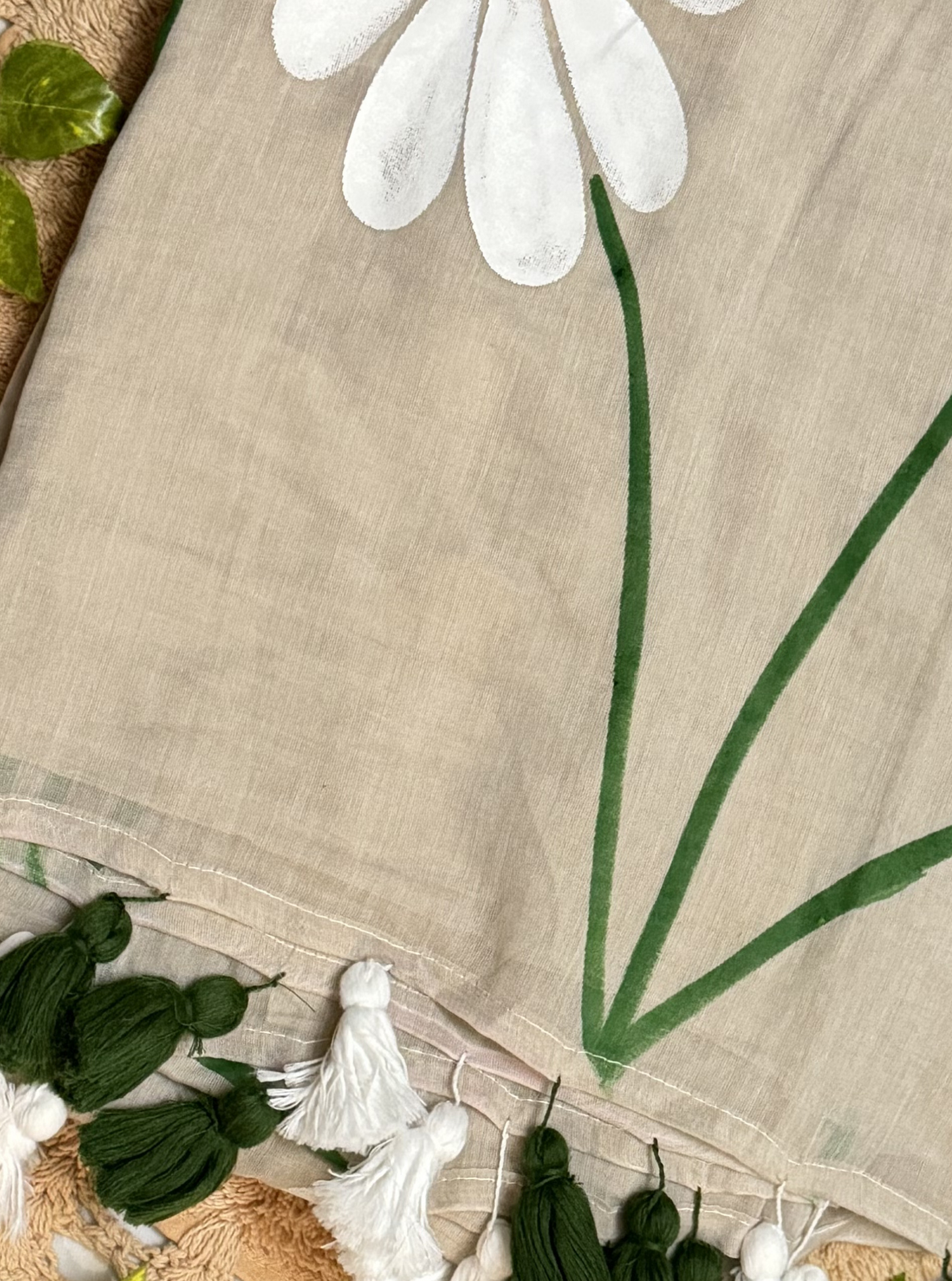Beige Mul Cotton Saree with Hand-Painted Daisy Floral Design & Contrast Tassels