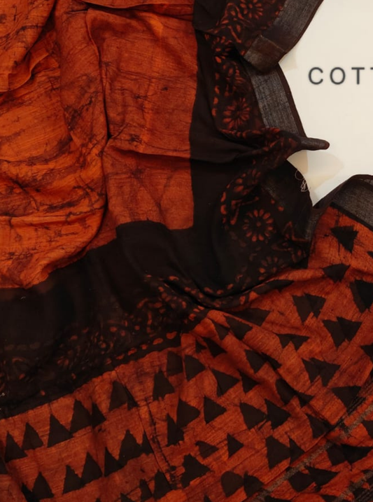Rust & Black Cotton Linen Saree with Batik-Inspired Geometric Design