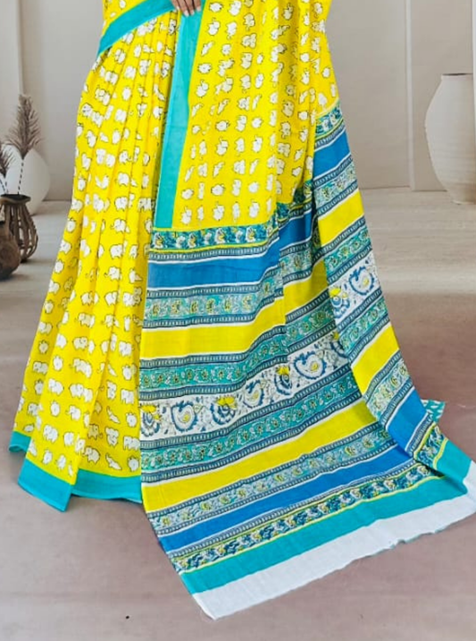 Bright Yellow Cotton Jaipur Bagru Print Saree