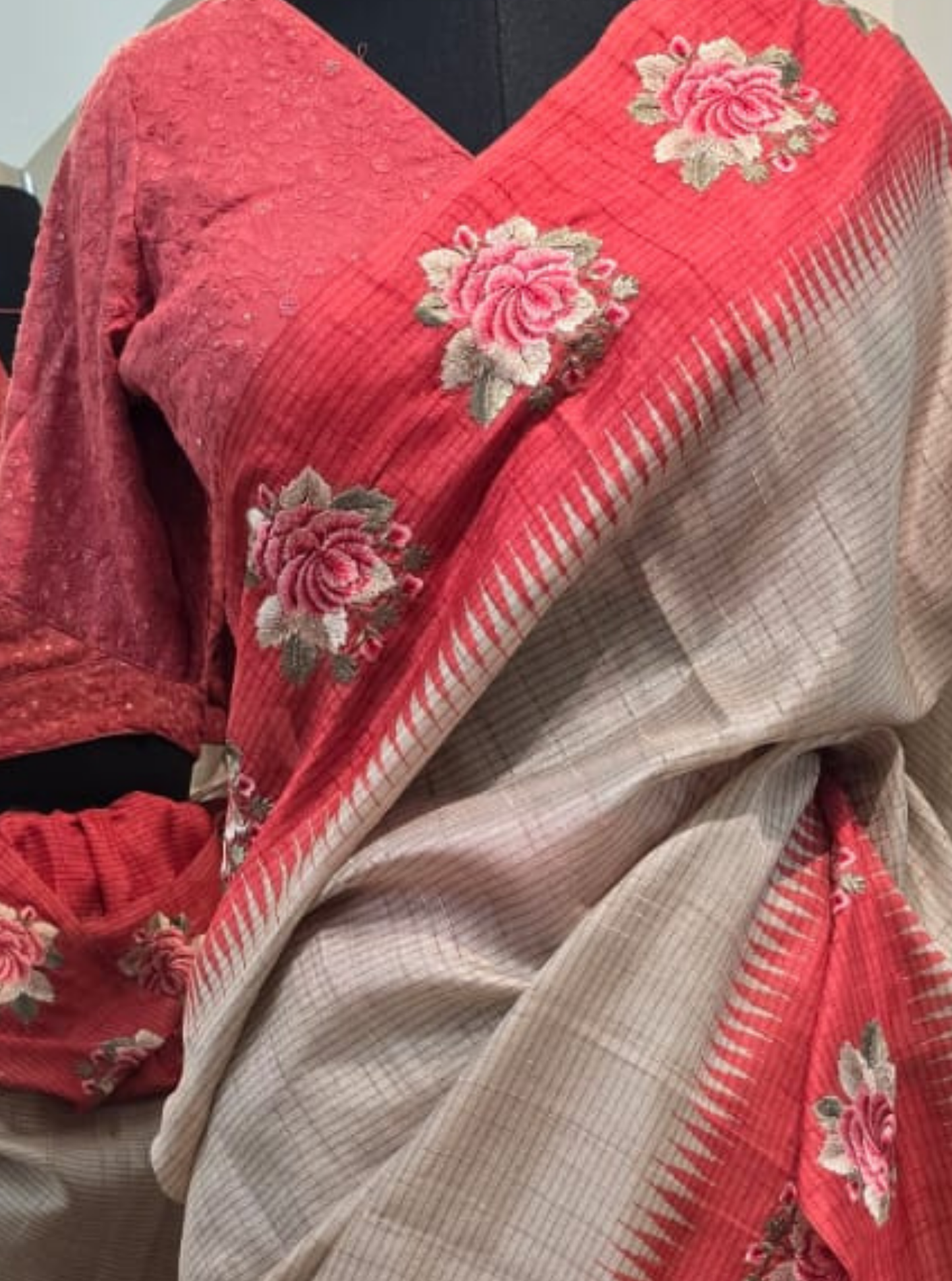 Beige Tussar Saree with Coral Red Border & Floral Embroidery