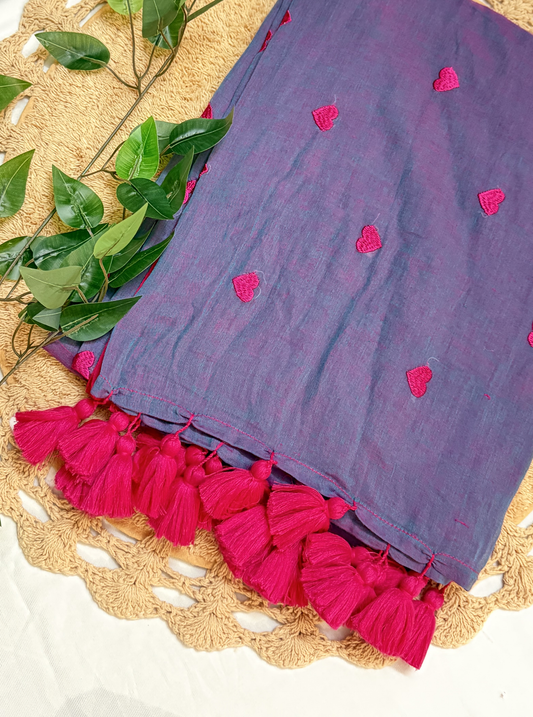 Twilight Purple Mul Cotton Saree with Pink Heart Motifs & Tassels