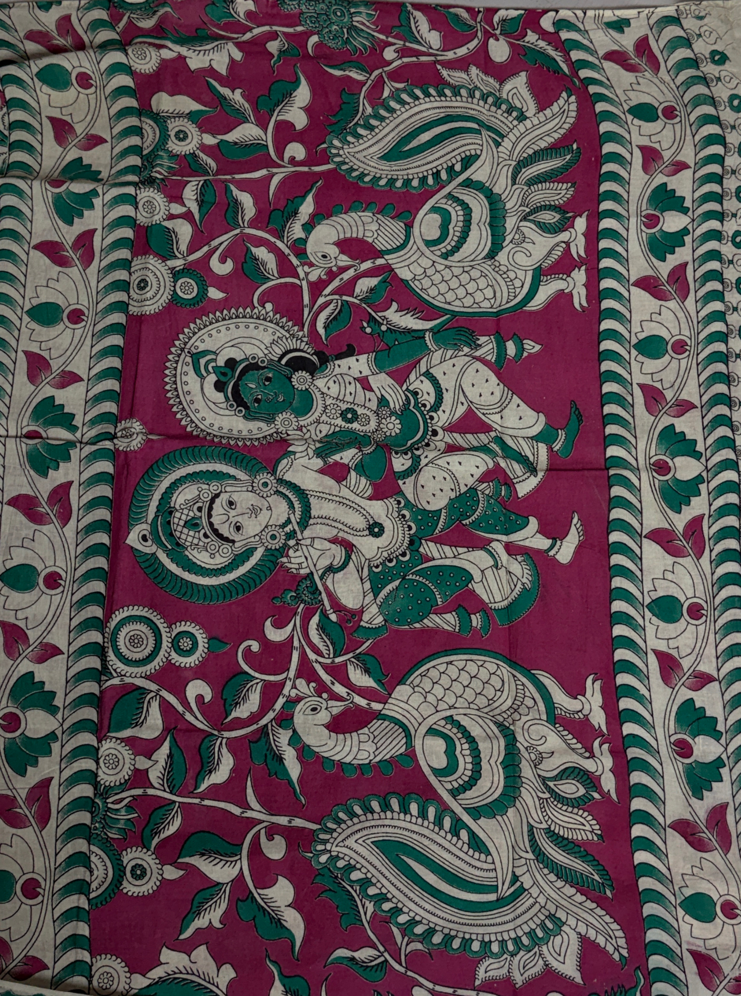 Ivory Cotton Saree with Multicolor Kalamkari Motifs & Pink Border