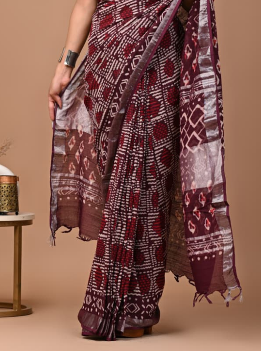 Maroon Linen Cotton Saree with Bandhani-Inspired Design