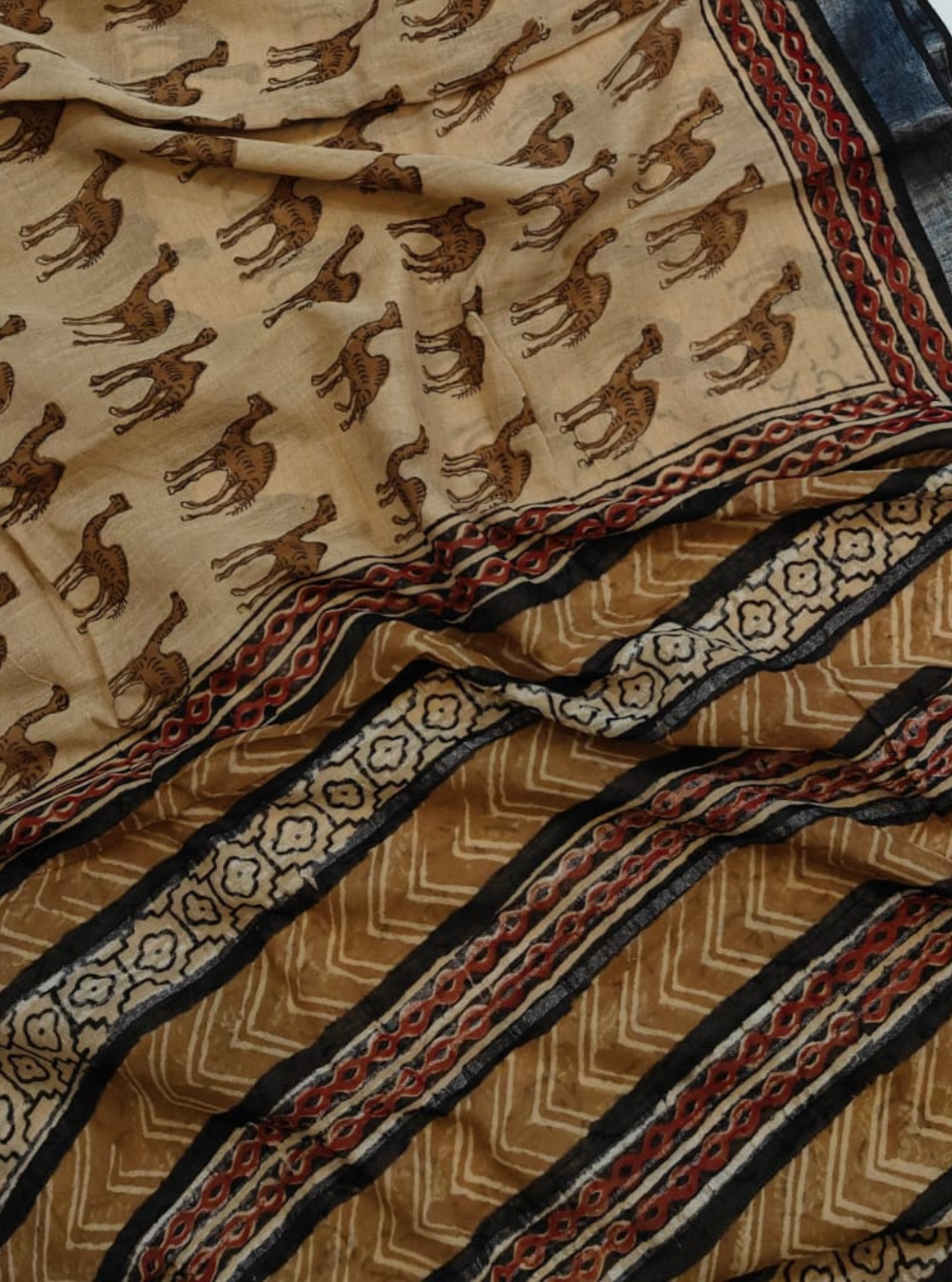 Beige Cotton Linen Saree with Animal Motif & Tribal Border