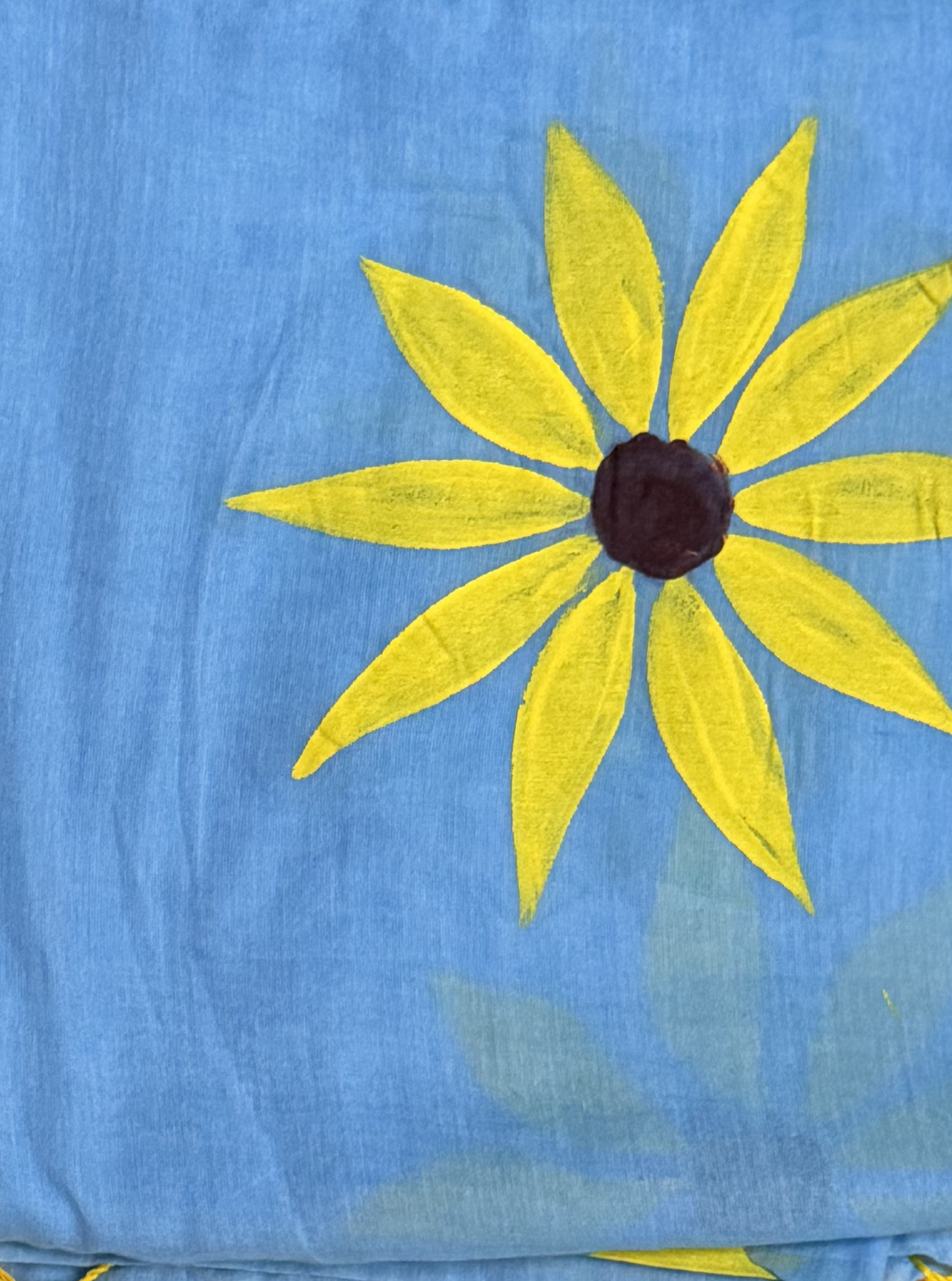 Sky Blue Mul Cotton Saree with Hand-Painted Yellow Floral Design & Contrast Tassels