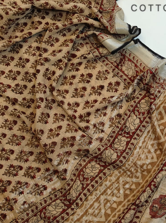 Beige Cotton Linen Saree with Traditional Floral & Tree Border