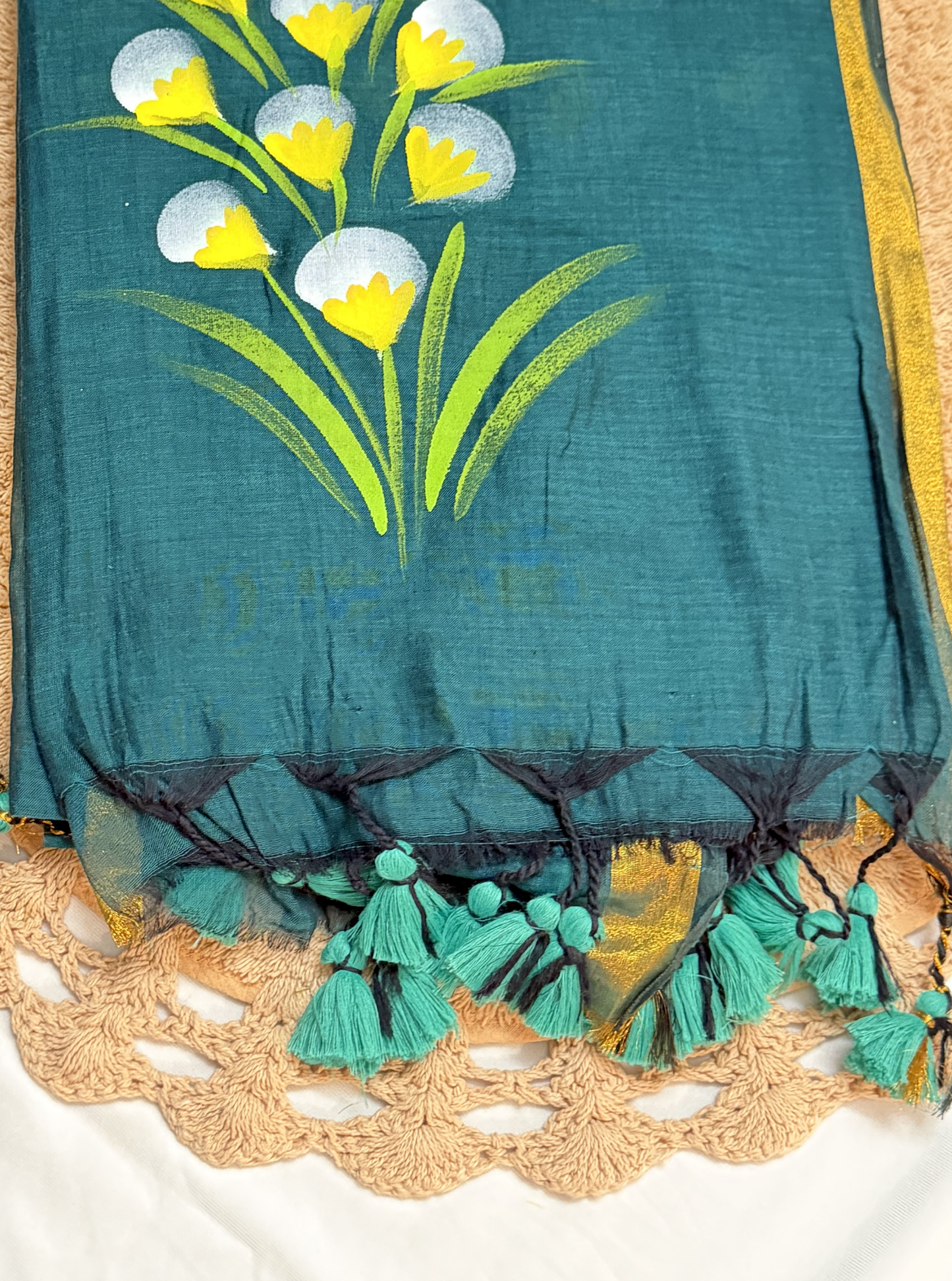 Teal Mul Cotton Saree with Handpainted Floral Motif & Tassel Pallu