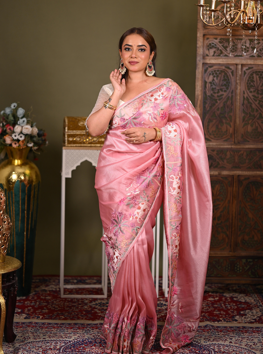 Elegant Pink Tissue Silk Saree with Floral Embroidery Border