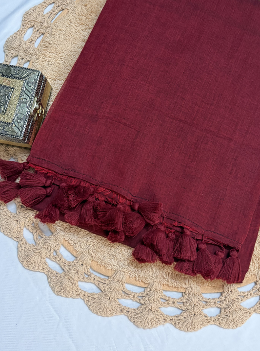 Classic Maroon Mul Cotton Saree with Tassel Pallu