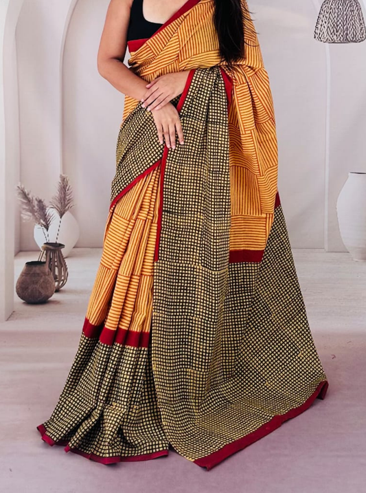 Mustard & Black Cotton Jaipur Bagru Print Saree