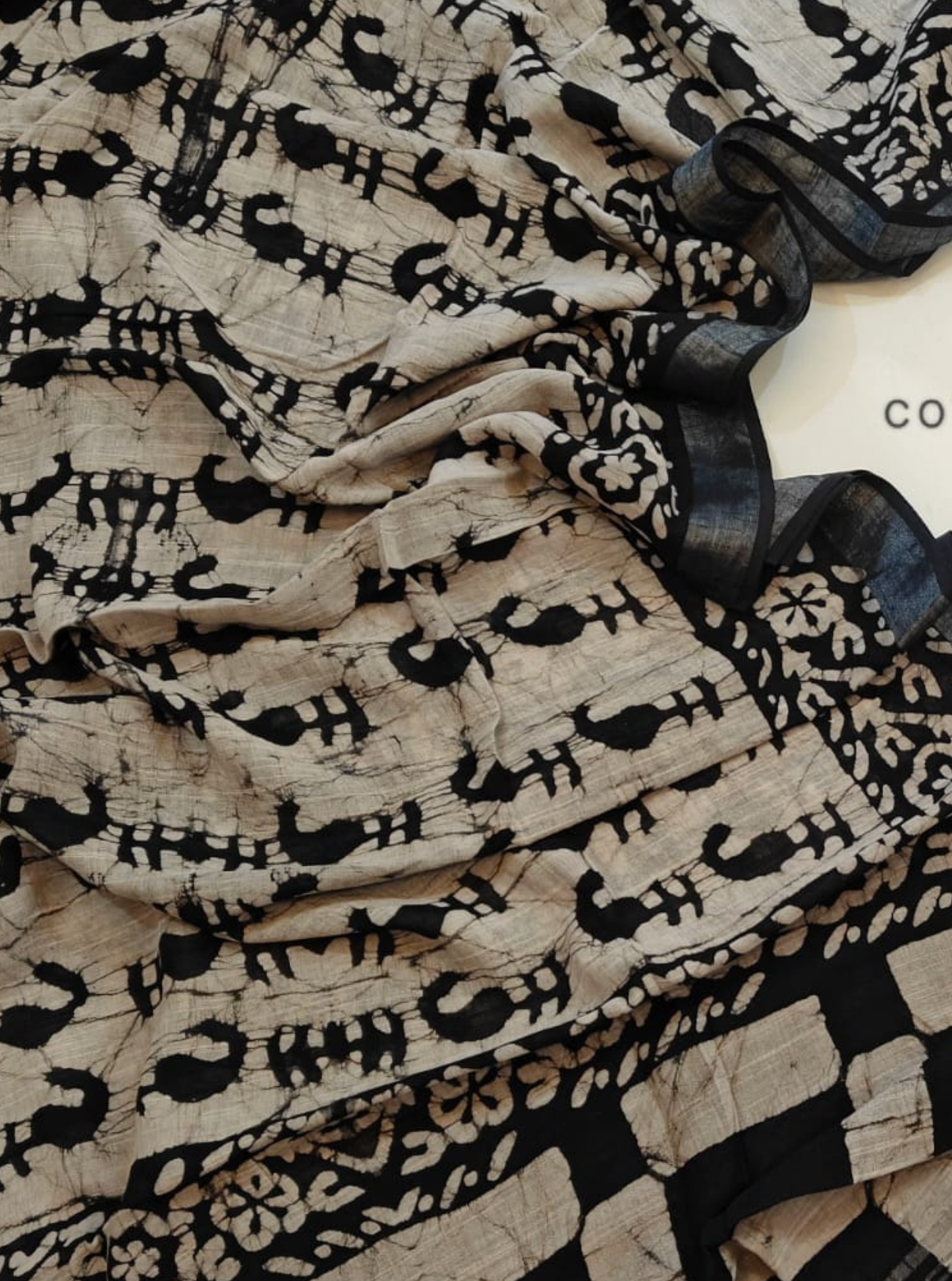 Beige & Black Cotton Linen Saree with Tribal Animal Motifs
