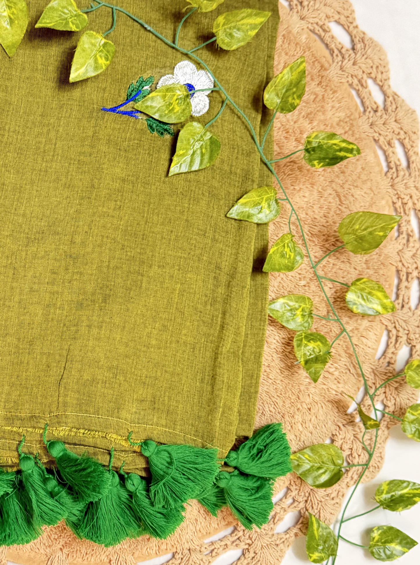 Olive Green Mul Cotton Saree with Floral Embroidery & Tassels