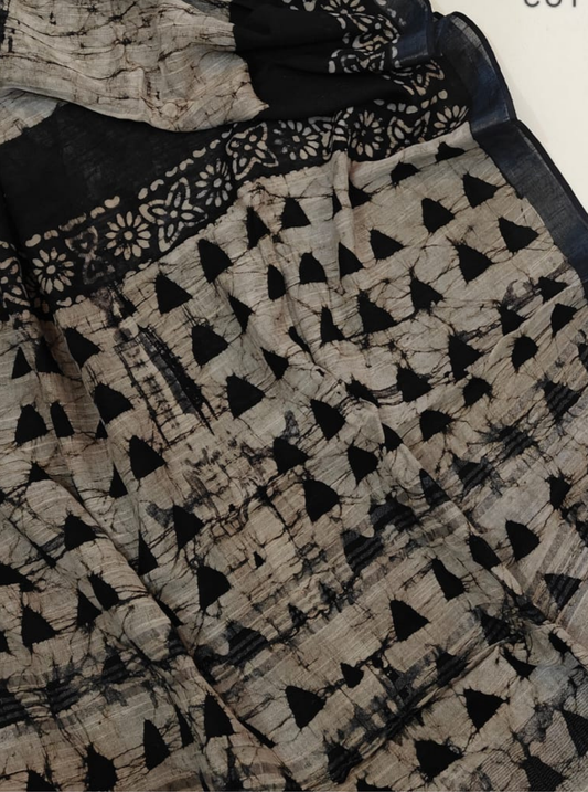 Beige & Black Cotton Linen Saree with Abstract & Triangle Motifs
