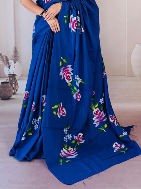 Royal Blue Cotton Jaipur Bagru Print Saree